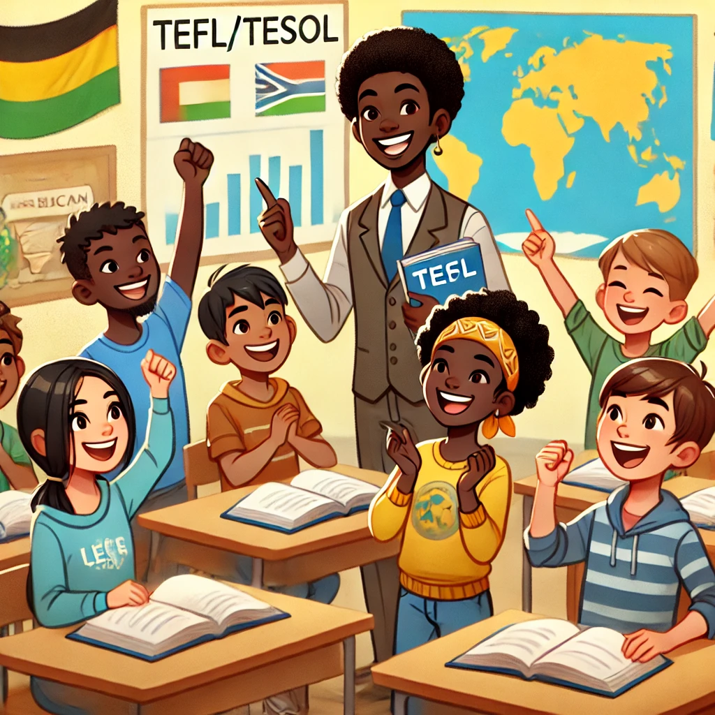 DALL·E 2024-07-05 14.37.08 - A joyful classroom scene with young TEFL_TESOL students being taught by a young adult teacher, set in an African country. The students are A